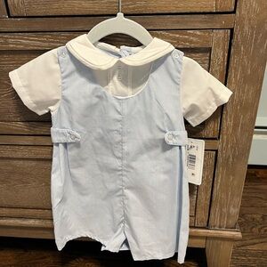 Baby Boy Light Blue Gingham Romper with White Peter Pan Collar and hat bonnet